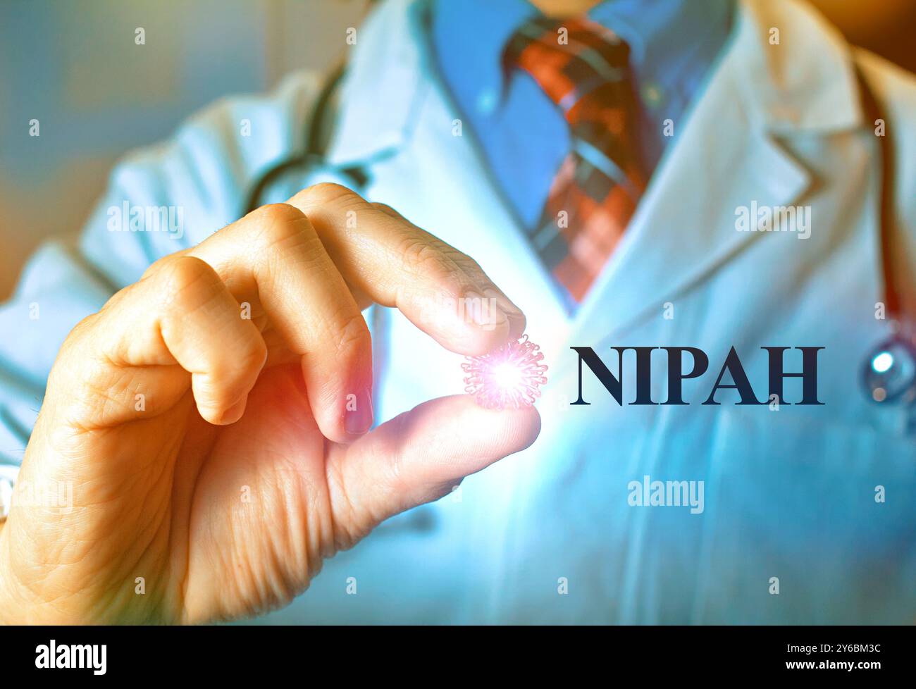 Arzt hält Nipah-Virus, Symbol der Krankheit, Gesundheit, Medizin Stockfoto