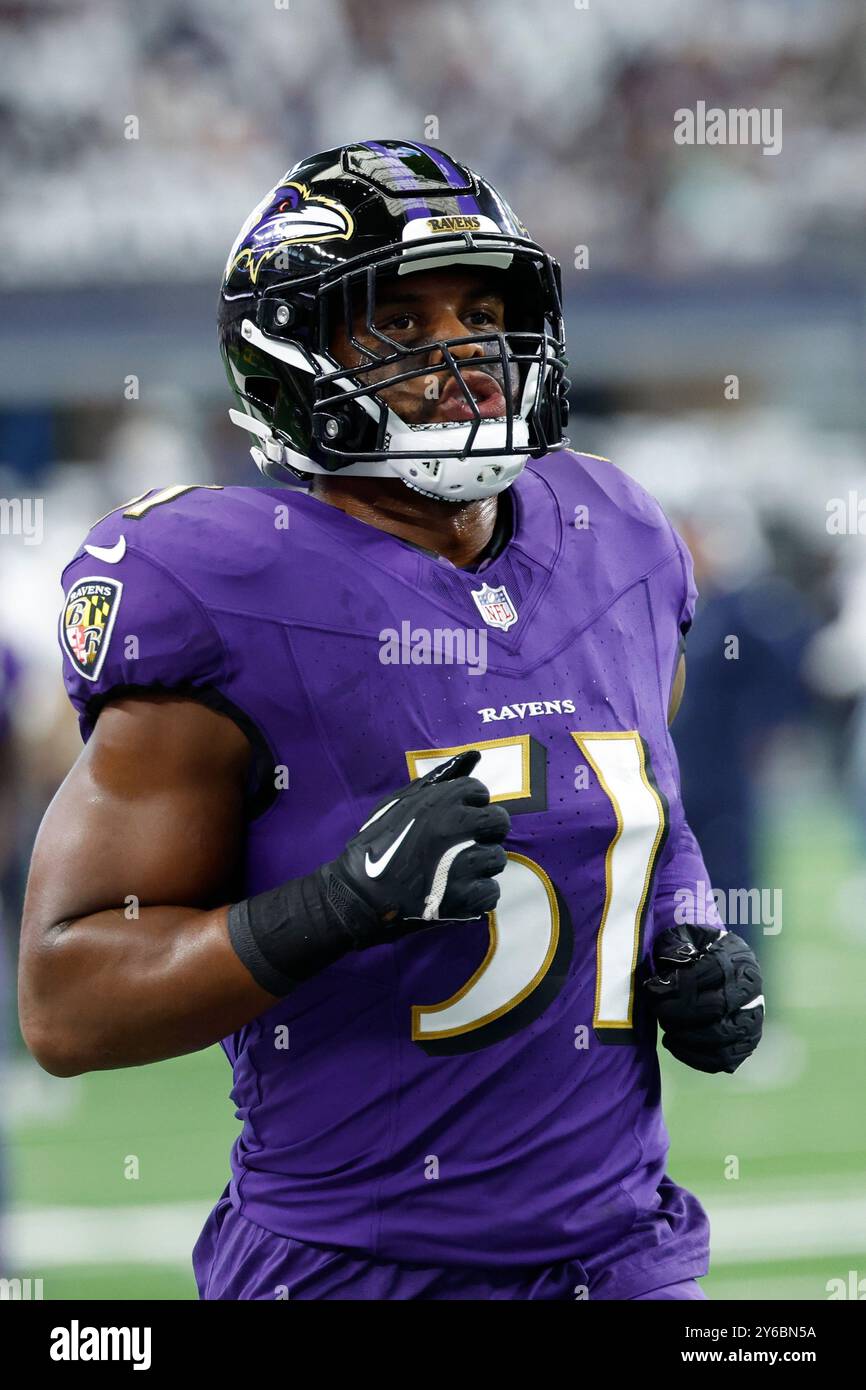 Baltimore Ravens linebacker Josh Ross (51) during pregame warmups before an NFL football game against the Dallas Cowboys on Sunday, Sept. 22, 2024, in Arlington, Texas. (AP Photo/Matt Patterson) Stockfoto