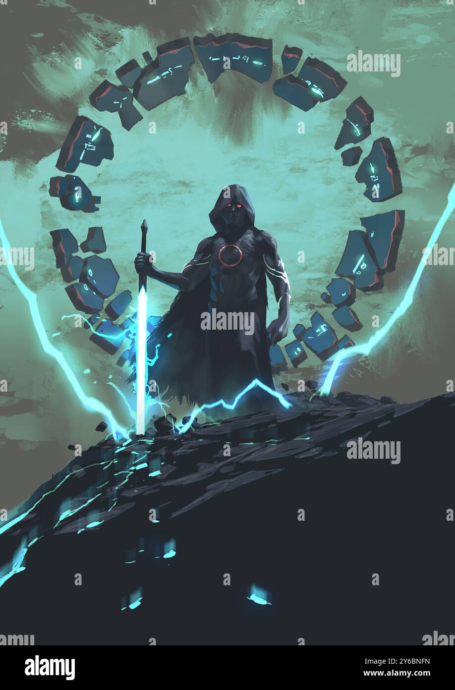 Ein schattenhafter Ritter in einem fließenden schwarzen Mantel hält ein Schwert und repräsentiert Dunkelheit und Geheimnis in einer Fantasy-Welt, digitaler Kunststil, Illustrationsmalerei Stockfoto