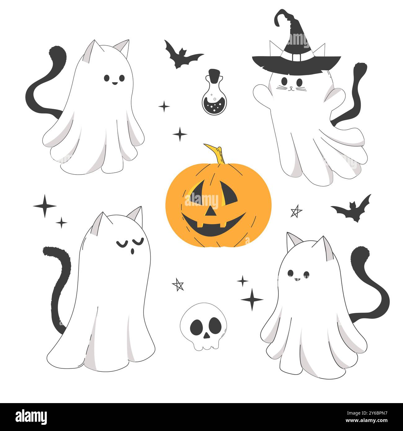 Set Halloween Geisterkatzen mit Hexenhut, niedliche Doodle Charaktere in Kostümen niedliche gruselige Dekoration, Linie. Fledermaus, Sterne, Mondelemente. Tier mit schwarzem Schwanz. . Vektorabbildung Stock Vektor