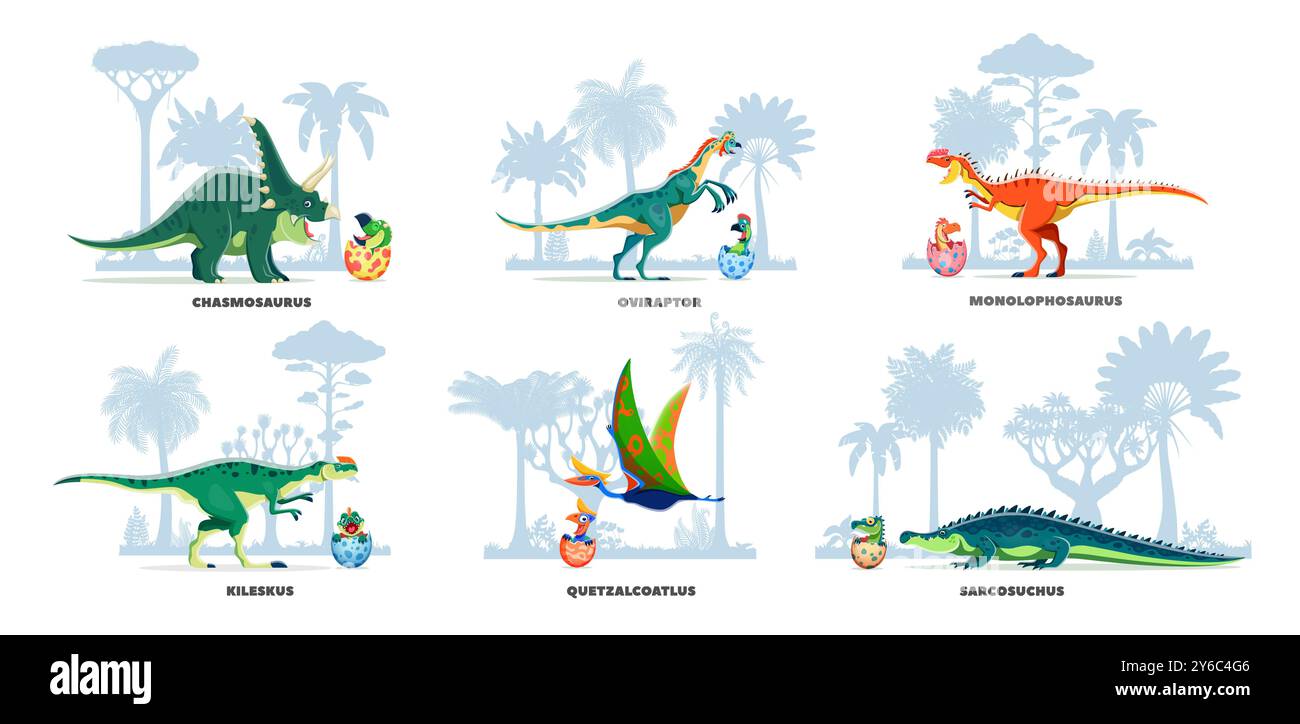 Cartoon prähistorischer Mutterdinosaurier mit Dino-Eiern. Entzückende ...