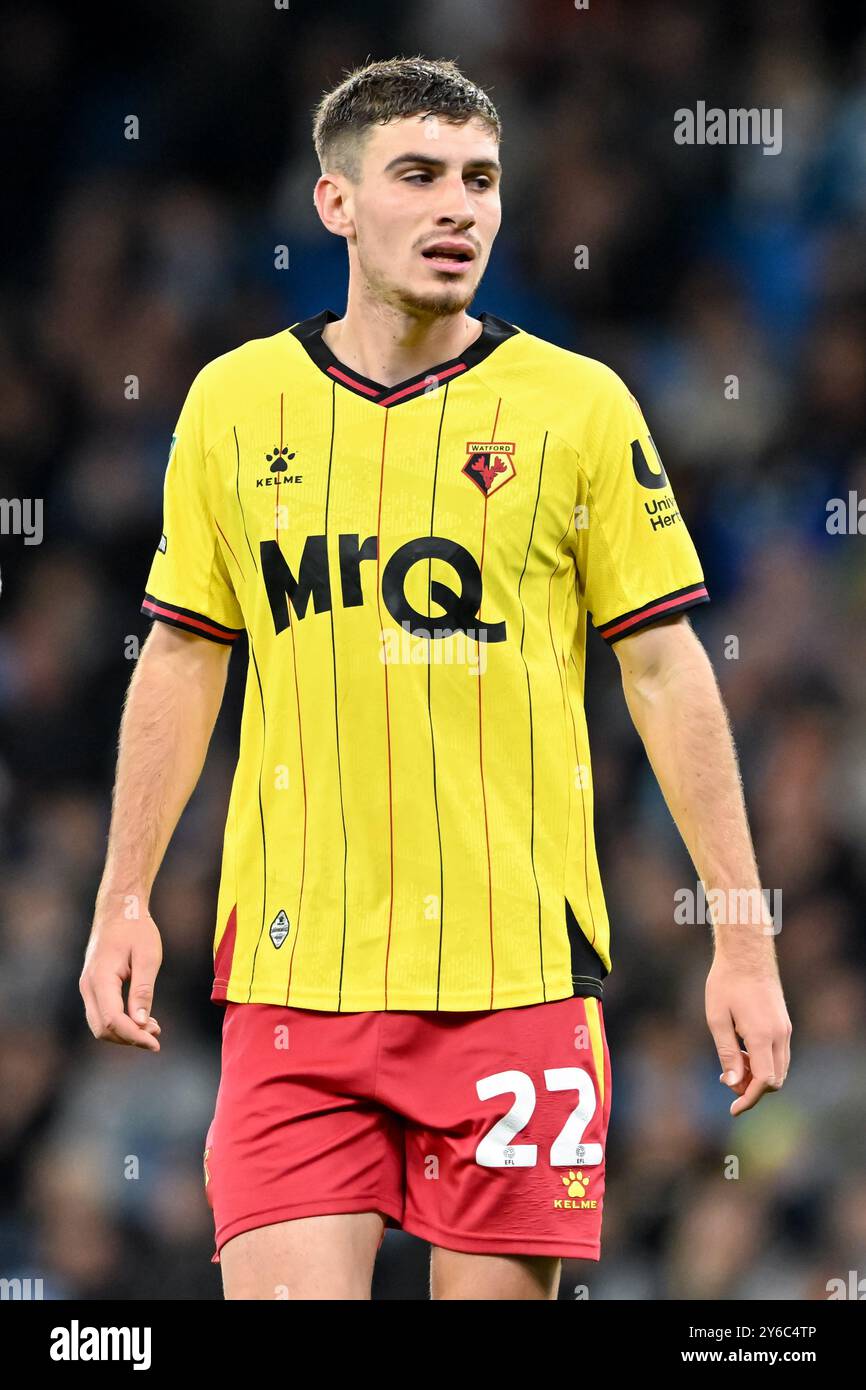 James Morris aus Watford während des Carabao Cup-Spiels Manchester City gegen Watford im Etihad Stadium, Manchester, Großbritannien, 24. September 2024 (Foto: Cody Froggatt/News Images) Stockfoto