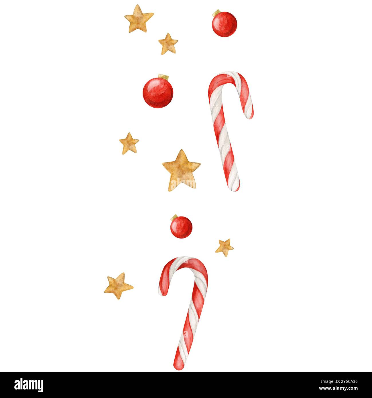 Nahtloses Aquarellmuster mit Weihnachtsbonbons, Sternen, Weihnachtsbaumkugeln auf weißem Hintergrund Stockfoto