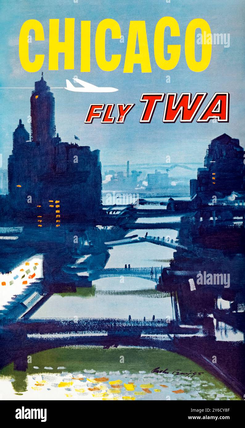 Tourismusplakat „Fly TWA - Chicago“ von Trans World Airlines 1960, das Reisende zum Besuch der Windy City mit diesem Blick auf den Fluss einlädt. Kunstwerk von Austin Briggs (1908-1973). Kredit: Privatsammlung / AF Fotografie Stockfoto