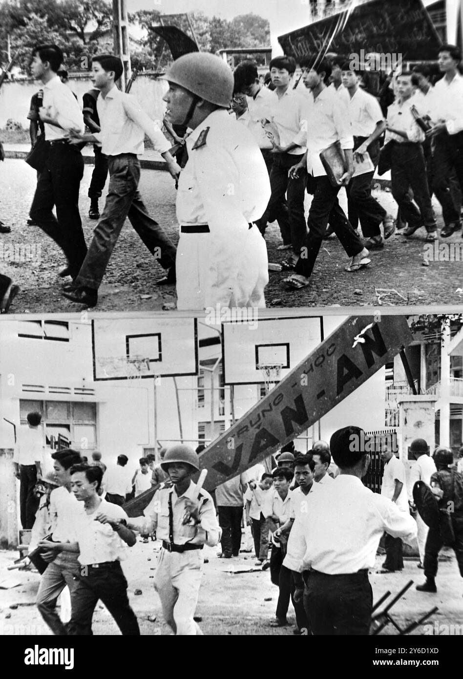 VIETNAMESISCHE KRIEGSSCHÜLER, BEGLEITET VON TRUPPEN AUS DER SCHULE IN SAIGON; 11. SEPTEMBER 1963 Stockfoto