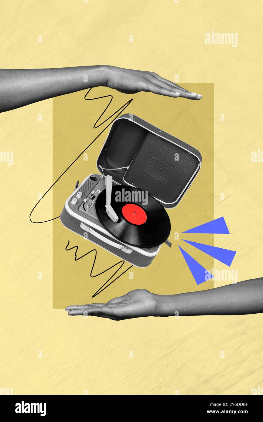 Composite Trend Artwork 3D Skizze Bild Collage aus monochromer Haut Hand Arm erscheinen halten Vinyl Musik spielen hören Levitate Rest Relax Retro Stockfoto