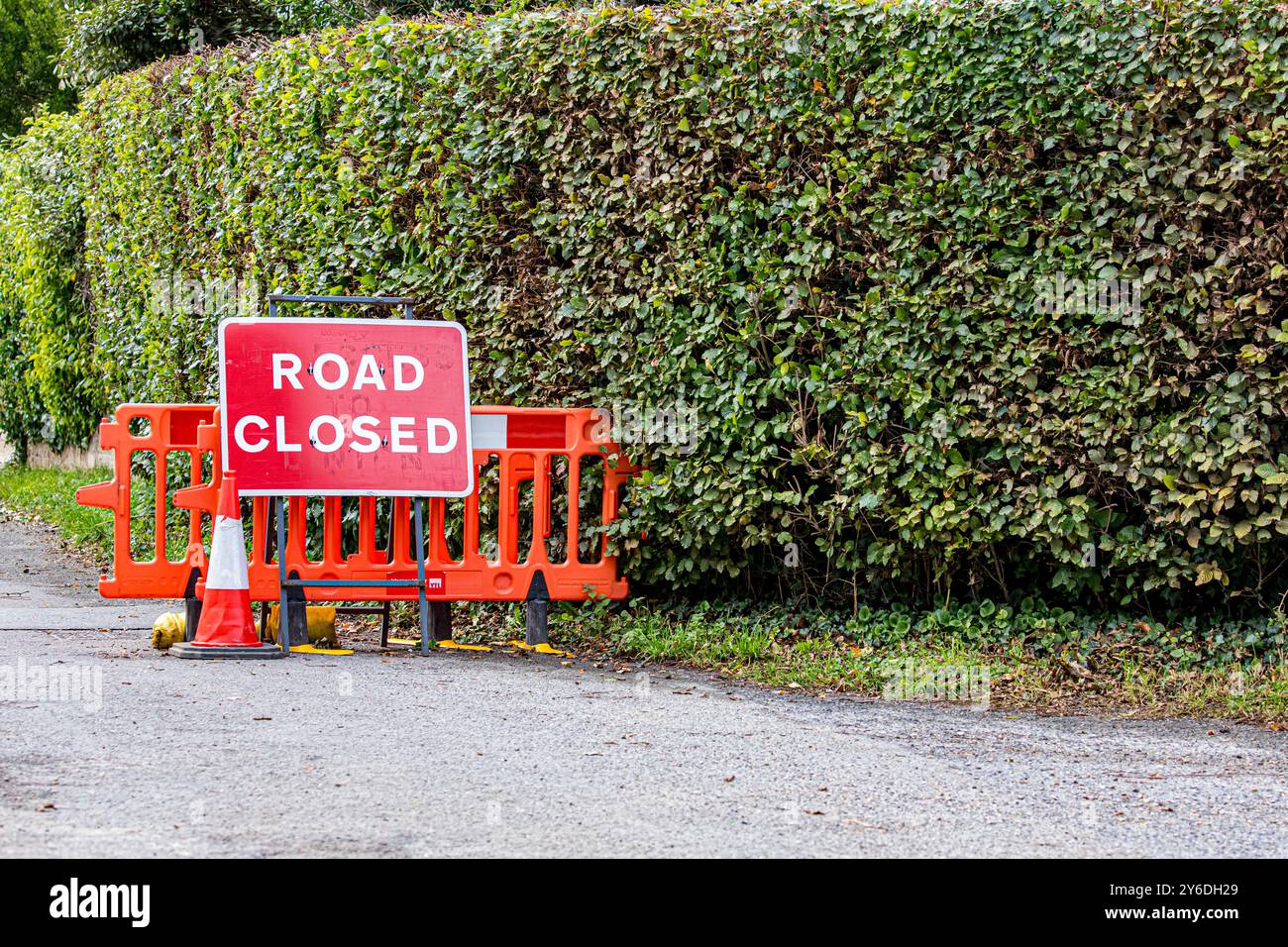 Schild „Red Road Closed Ahead“ mit weißer Schrift, orangefarbener Kunststoffbarriere und orangefarbenem und weißem Straßenkegel auf einer Landstraße Stockfoto