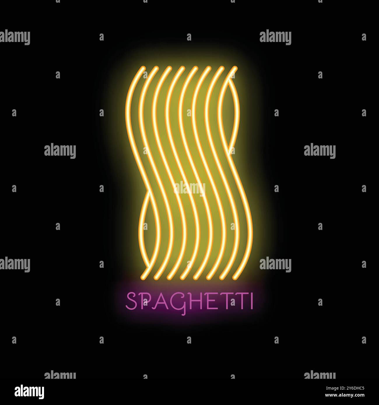 Hellgelbes Neonschild mit Spaghetti, darunter steht das Wort Spaghetti Stock Vektor