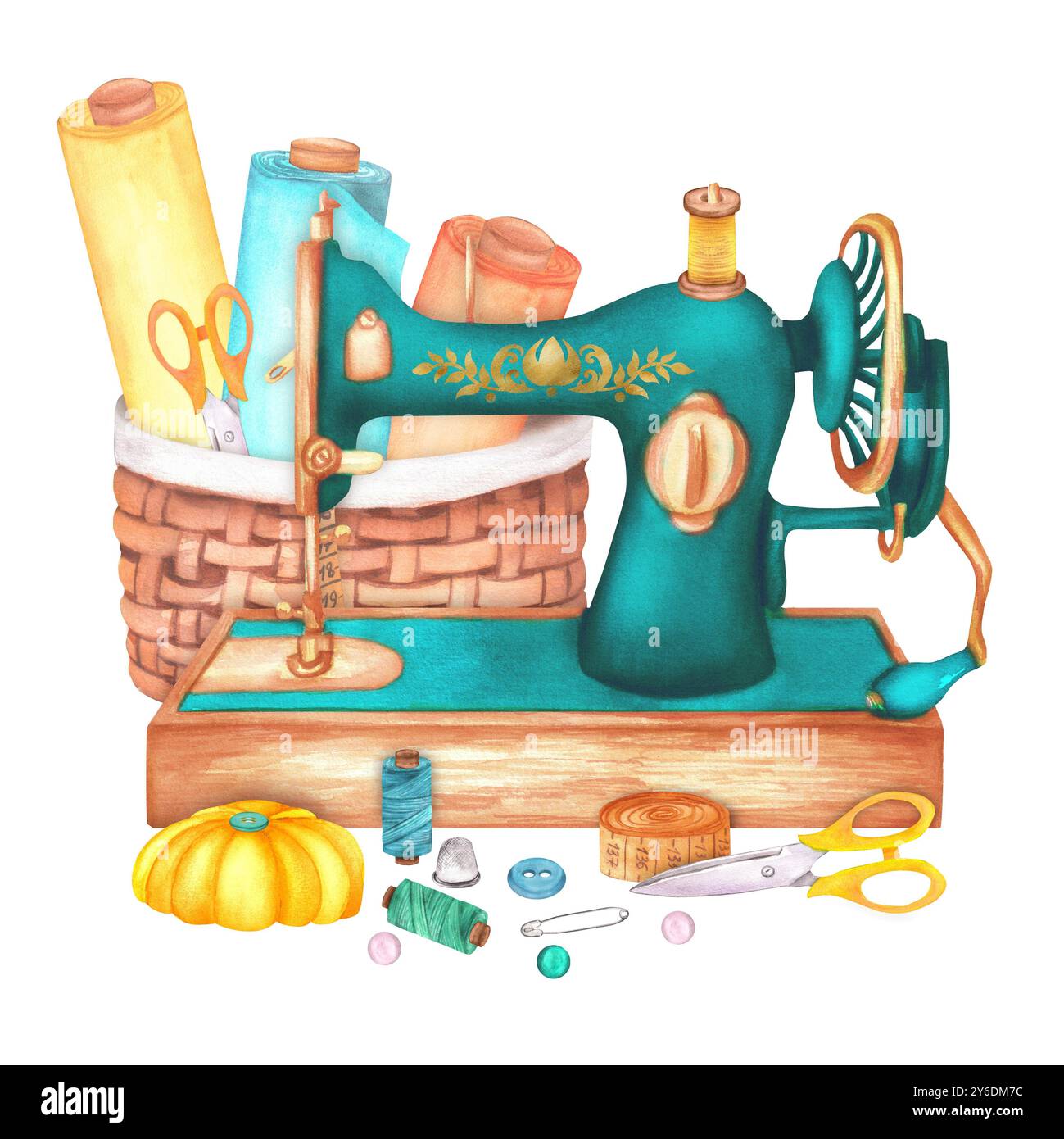 Nähmaschine, Stoffrollen im Korb, Kissen, Schere, Maßband, Nadeln, Nähgarne, Kausche. Handgezeichnete Aquarellillustration. Stockfoto