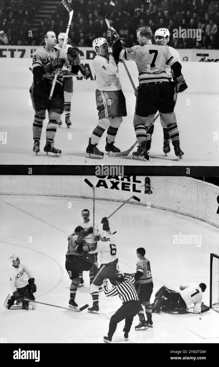 EISHOCKEY KANADA V TSCHECHOSLOWAKEI REF BRICHT ARGUMENT AUF ; 14. MÄRZ 1963 Stockfoto
