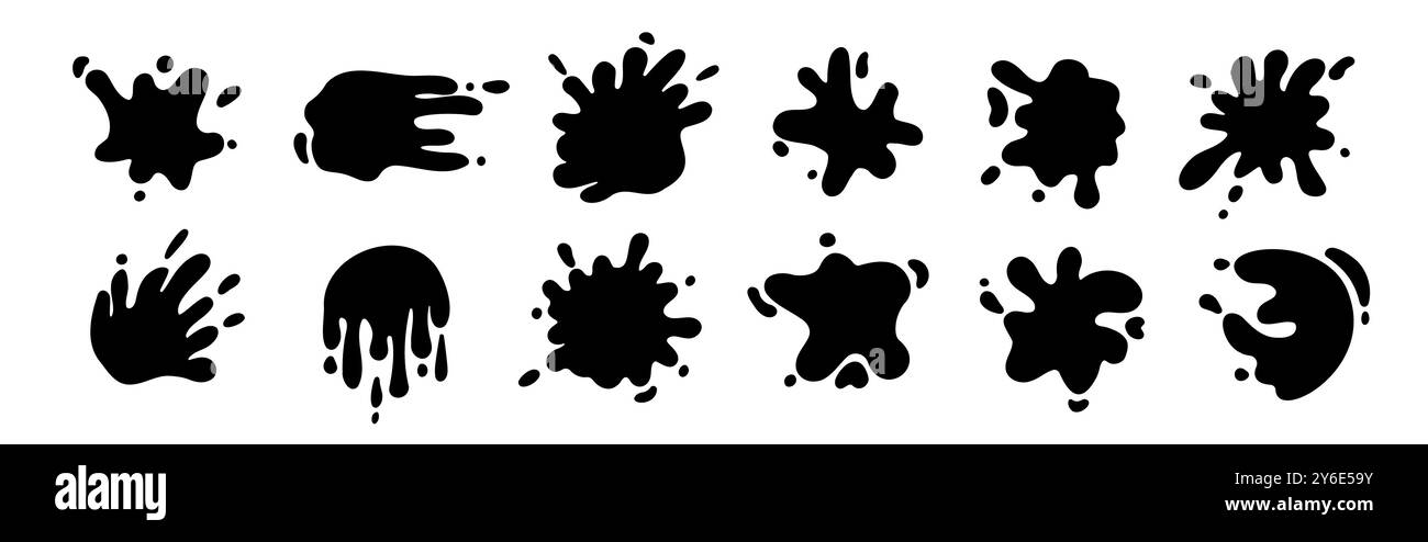 Schwarze Spritzform. Abstrakte Tropfenflüssigkeit in schlichtem Stil für Dekoration. Stock Vektor