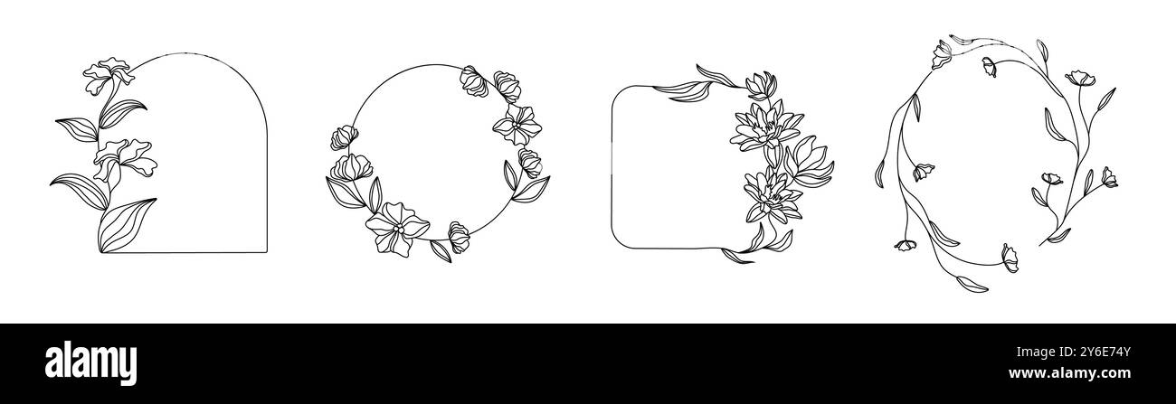 Satz schwarzer Rahmen mit Blumen für Bilder und Fotos. Stock Vektor