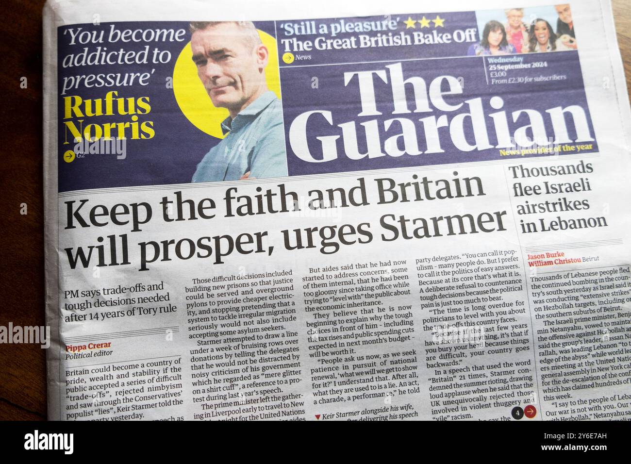 „Keep the Faith and Britain will Prosper“, drängt (PM Keir) Starmer Guardian, Schlagzeilen-artikel 25 September 2024 London England UK Stockfoto