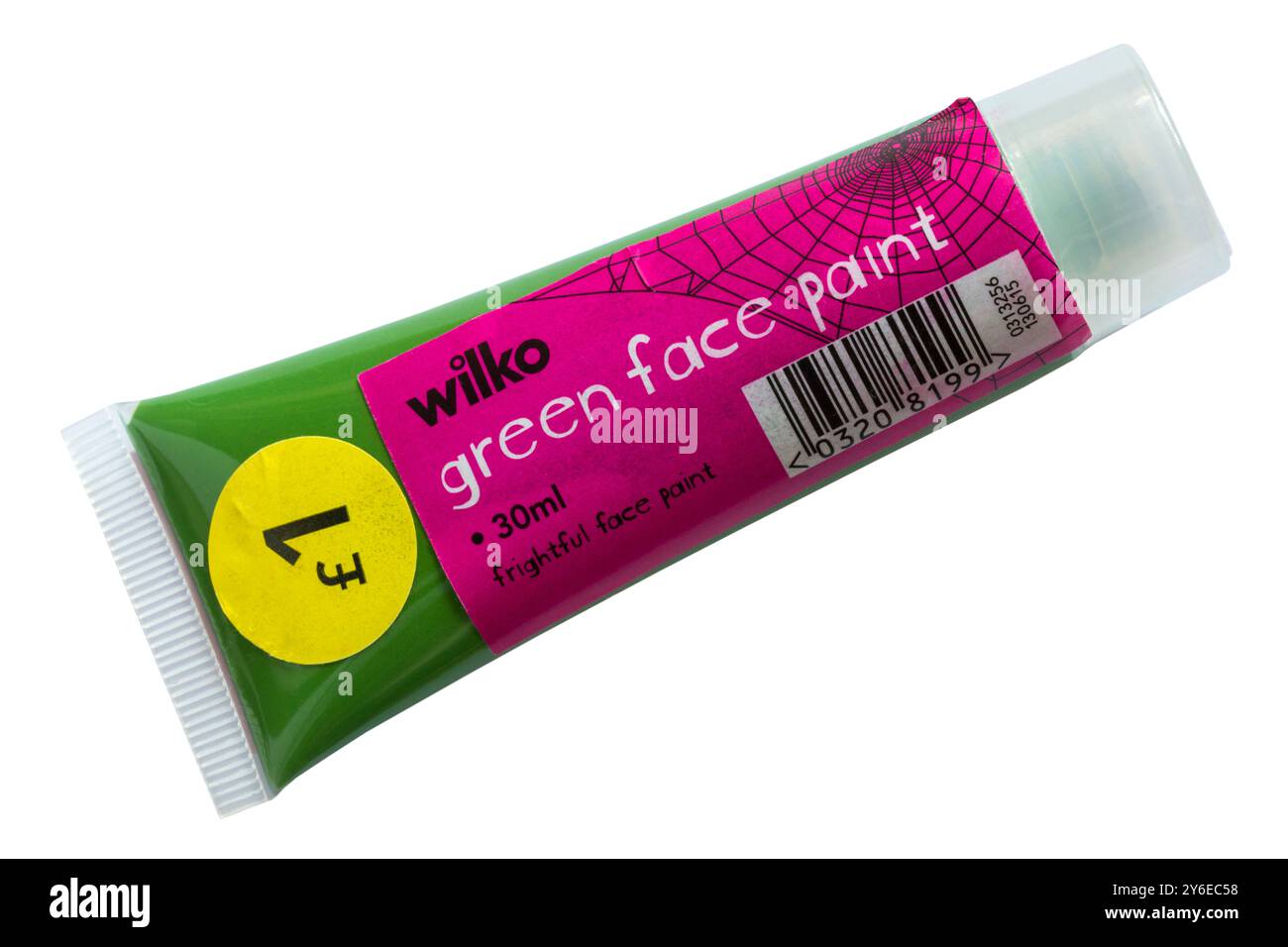 Tube mit grüner Gesichtsfarbe von Wilko für Halloween isoliert auf weißem Hintergrund - schreckliche Gesichtsfarbe Stockfoto