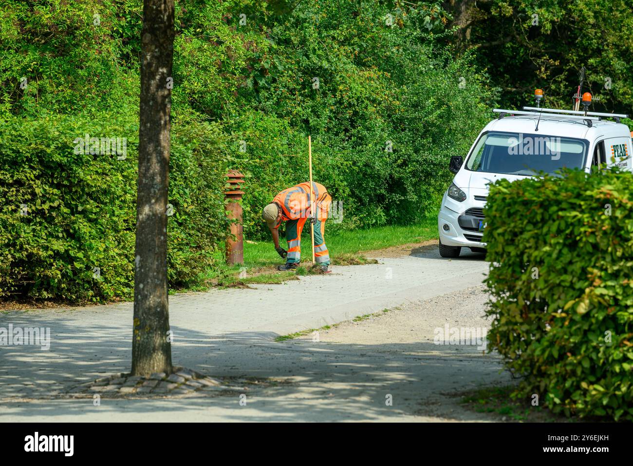 Ein Arbeiter in Sicherheitsausrüstung beugt sich nach unten, um sich in der Nähe eines Hydranten mit einem weißen Fahrzeug auf einem von Bäumen gesäumten Weg in hellem Sonnenlicht zu versorgen Stockfoto
