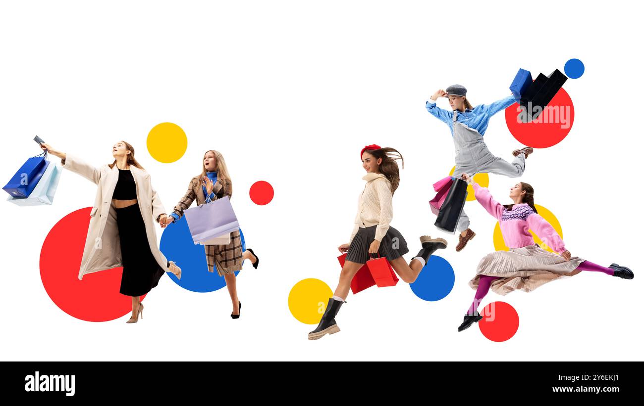 Poster. Zeitgenössische Kunstcollage. Gruppen von stilvollen Käufern stürzen sich auf die größten Verkäufe und sind bereit, den Black Friday-Wahnsinn zu besiegen. Taschen voller Deals und Stockfoto