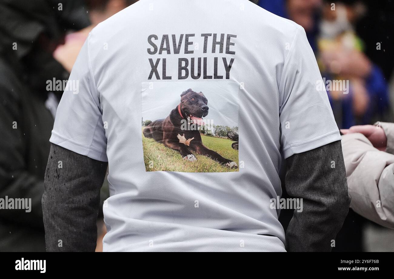 Im Stadtzentrum Dublins nehmen Menschen an einem Protest gegen ein geplantes Verbot von XL-Bullhunden in Irland Teil. Ab dem 1. Oktober ist es illegal, XL-Mobbing zu importieren, zu züchten oder weiterzuverkaufen. Bilddatum: Mittwoch, 25. September 2024. Stockfoto