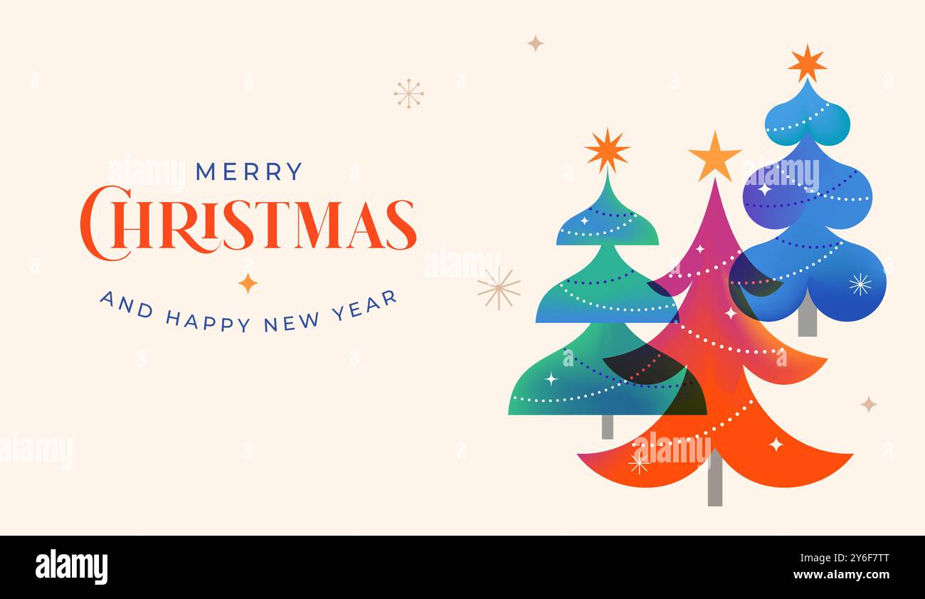 Frohe Weihnachten und frohes neues Jahr. Konzept Weihnachten Hintergrund mit farbenfrohen geometrischen Stil Winterdorf. Häuser, Bäume, Dekorationselemente Stock Vektor