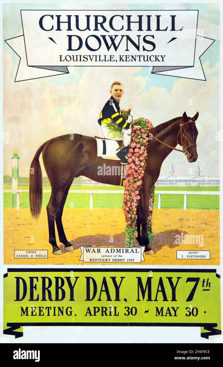 Pferderennen in Churchill Downs, Louisville, Kentucky - 1938 Derby Poster mit dem Gewinner „war Admiral“ von 1937 Stockfoto