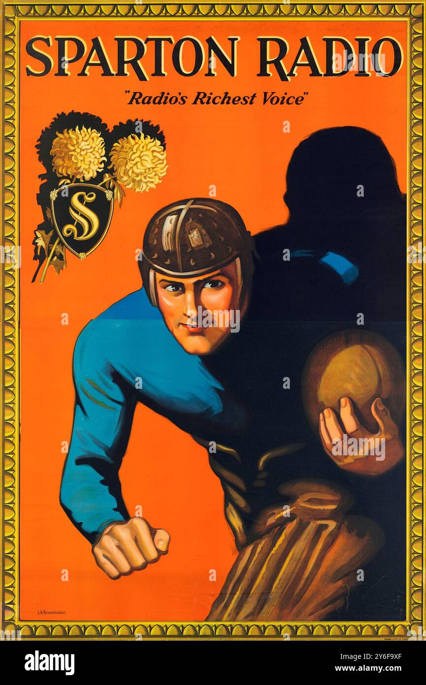 Sparton Radio (1930er Jahre). Vintage Advertising für Radio Show - Poster feat a Vintage american Football Player - L.A. Knickerbocker Artwork Stockfoto