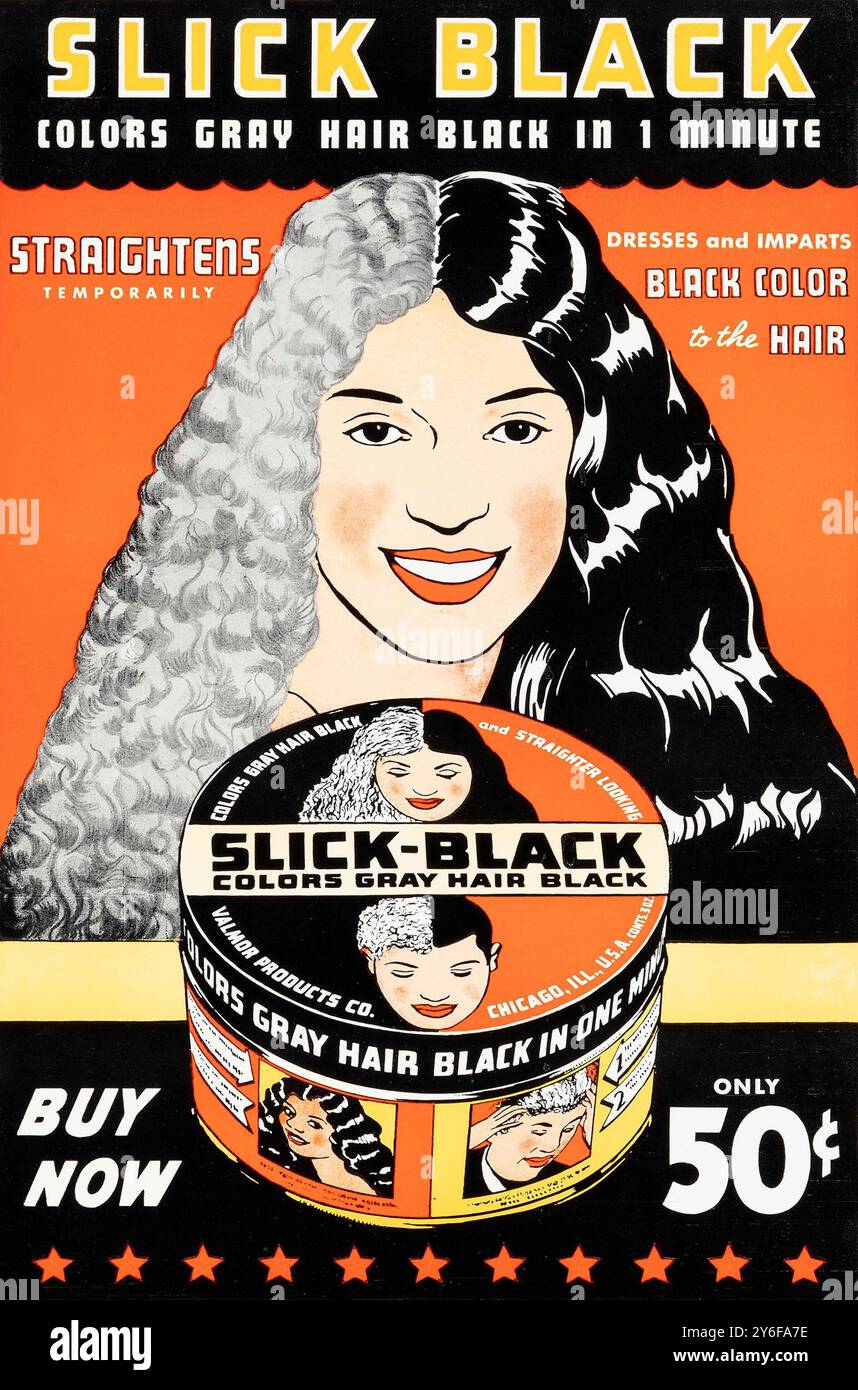 Slick Black, Farben graues Haar schwarz - Haarfärbung Werbung - Vintage american Werbetoster, 1950er Jahre Stockfoto