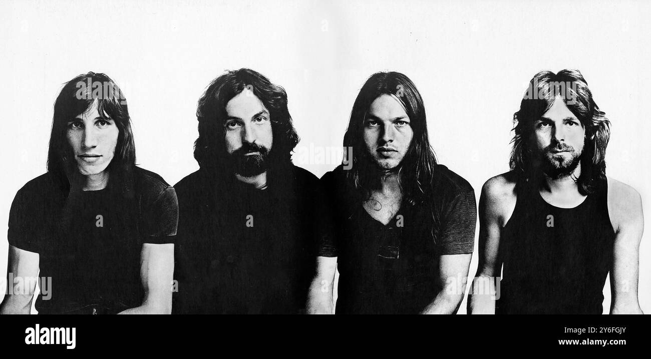 Pink Floyd. Porträts der britischen Rockgruppe 1971. Von links nach rechts Roger Waters, Nick Mason, David Gilmour und Richard Wright. Tauschen Sie Werbung für Pink Floyds Album „Meddle“ aus. Stockfoto
