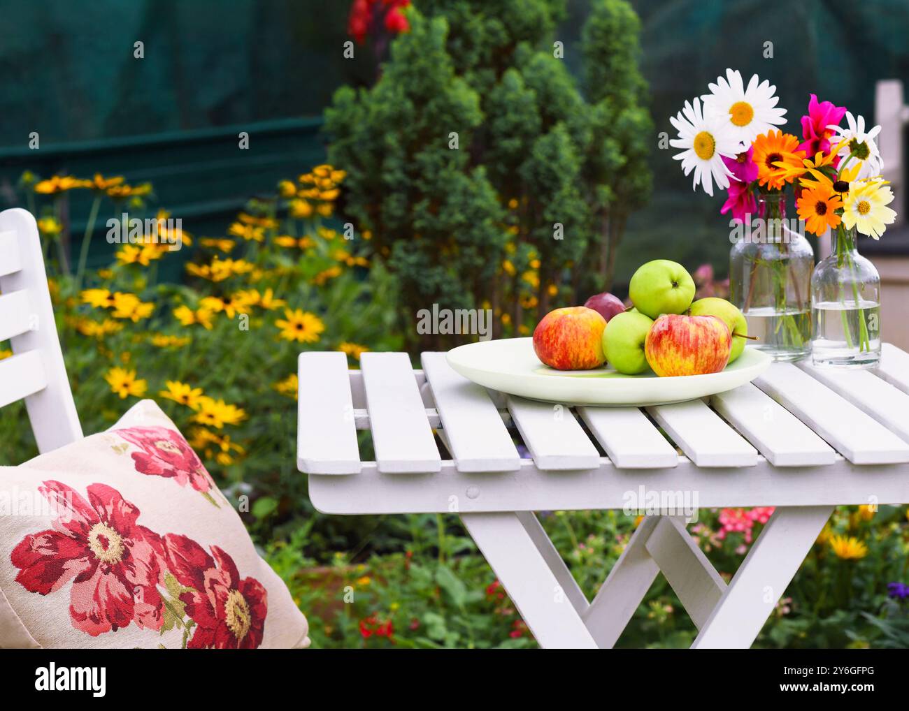 Die Gartenszene verfügt über einen weißen Holztisch mit einem Teller mit Äpfeln, zwei Glasgläser für frische, bunte Gänseblümchen und andere Blumen im Hintergrund, und eine Stockfoto