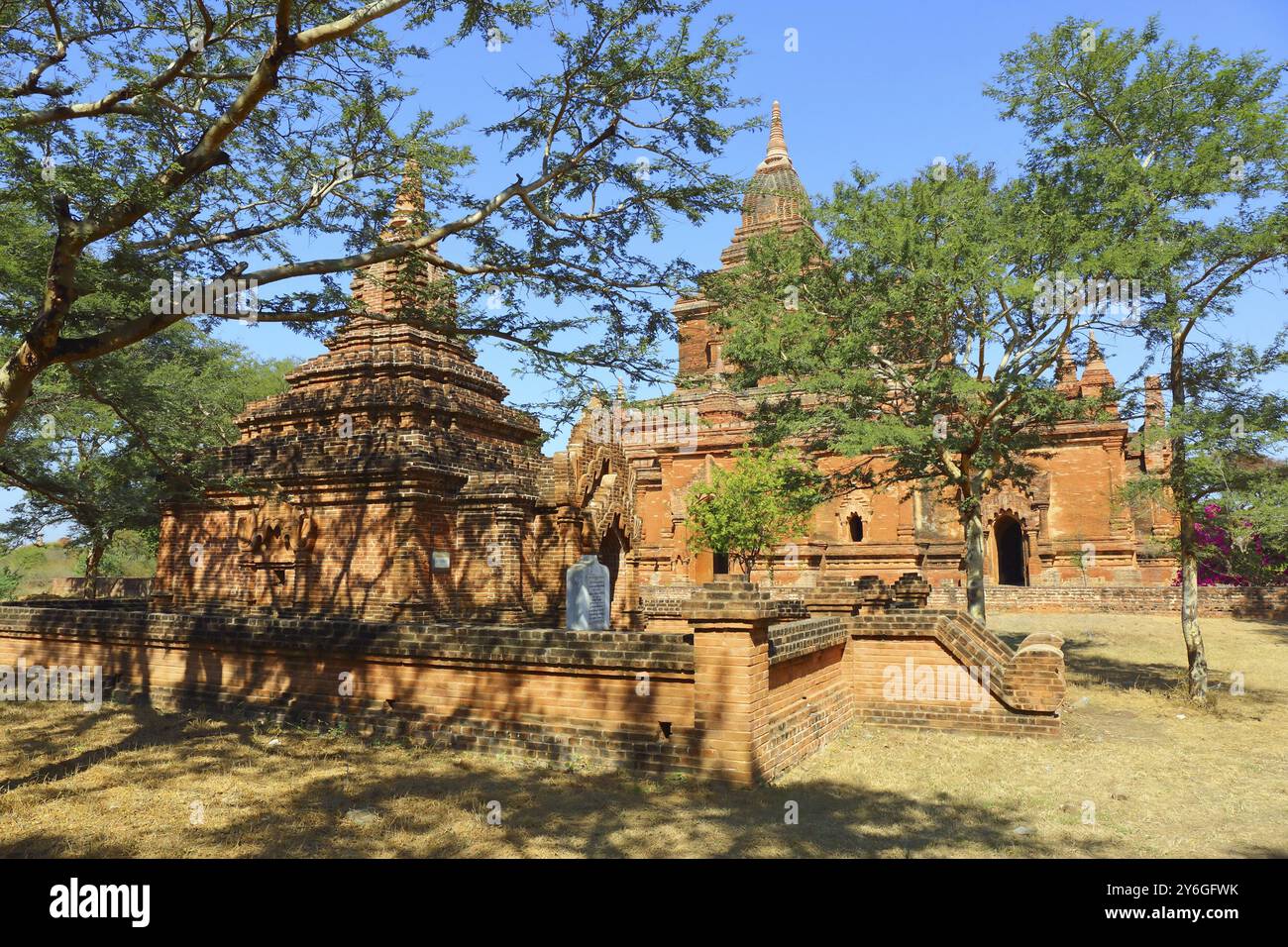 Tempel zwischen Bäumen in Bagan, Myanmar (Birma) Stockfoto