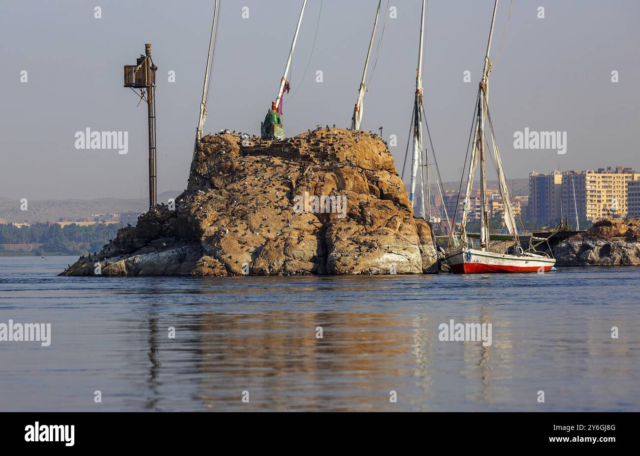 Kleine Insel mit Vögeln und Booten auf dem Nil in Assuan, Ägypten, Afrika Stockfoto