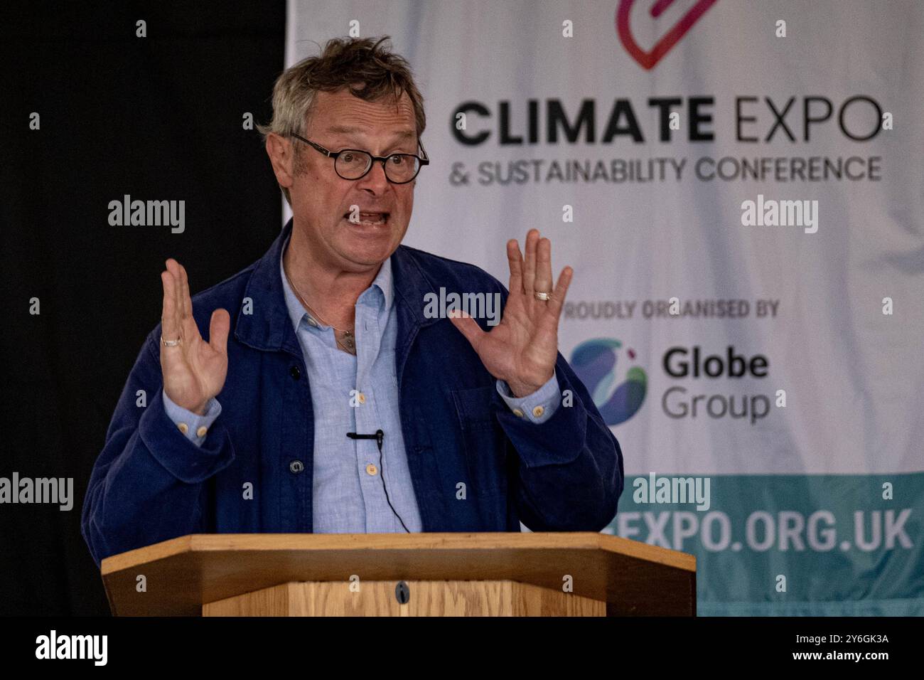 Uttoxeter, Mitarbeiter, Großbritannien. September 2024. Hugh Fearnley-Whittingstall hält die Hauptredner auf der Midlands Climate Expo. Credit Mark Lear/Alamy Stockfoto