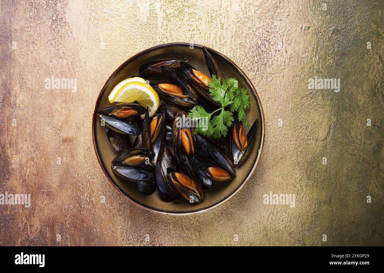 Essen, Muscheln in Muscheln, gekocht im eigenen Saft, in einer Schüssel, Blick von oben, hausgemacht, keine Leute Stockfoto