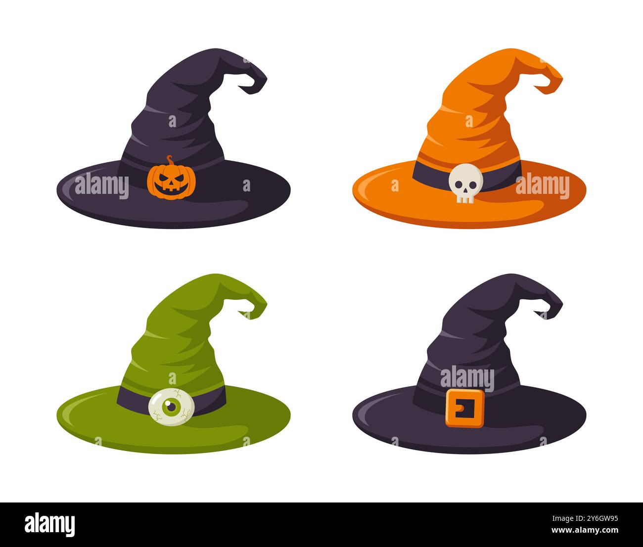 Set Halloween Hexenhüte isoliert auf weißem Hintergrund. Illustration des flachen Vektors Stock Vektor