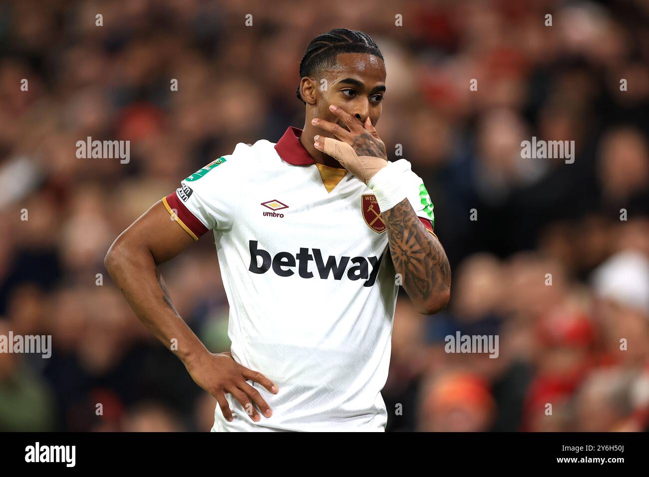 Liverpool, Großbritannien. September 2024. Der Crysencio Summerville von West Ham reagiert auf das Spiel im Carabao Cup in Anfield, Liverpool. Der Bildnachweis sollte lauten: Jessica Hornby/Sportimage Credit: Sportimage Ltd/Alamy Live News Stockfoto