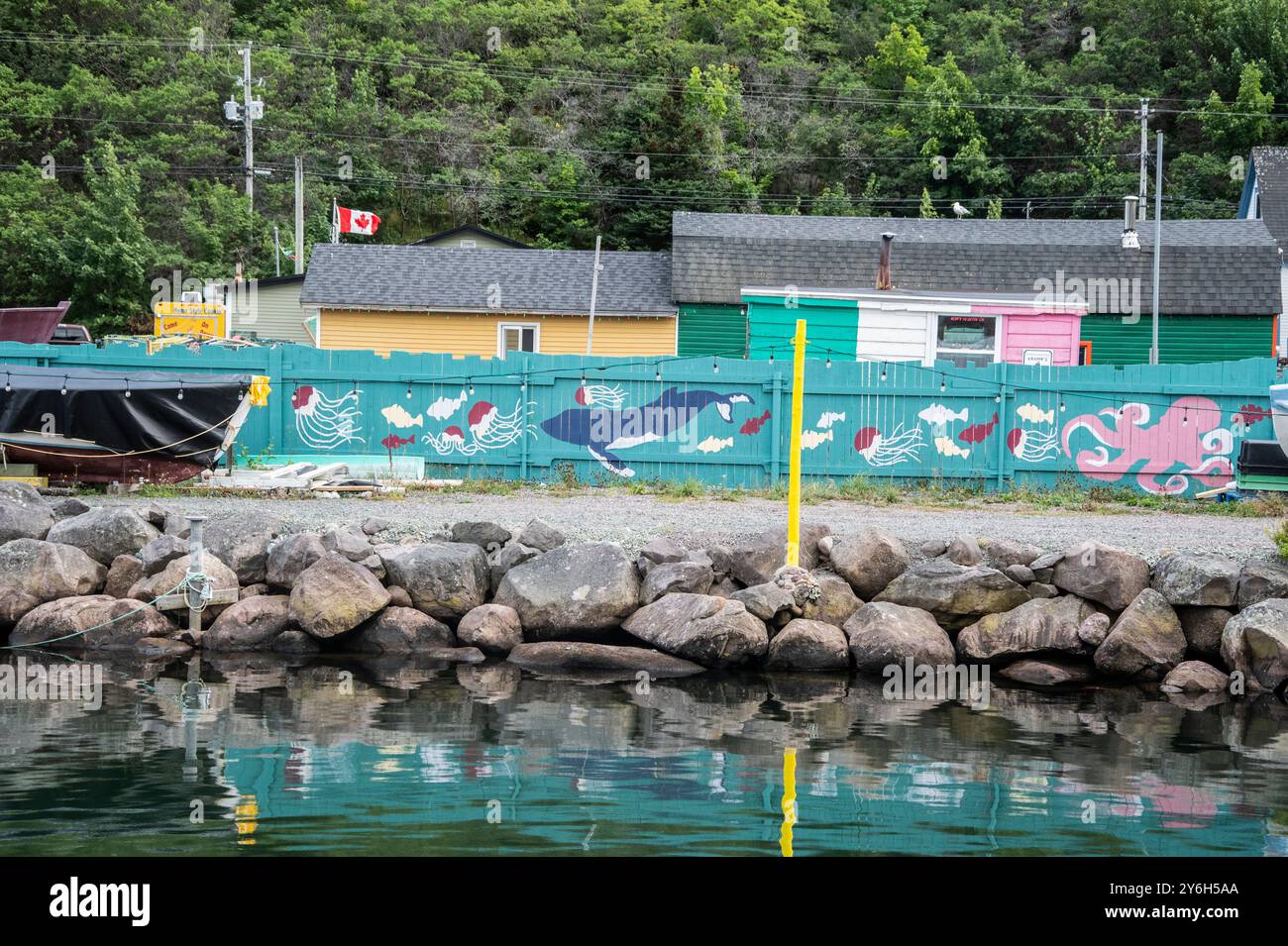 Wandgemälde für Meereslebewesen an einem Holzzaun in Petty Harbour-Maddox Cove, Neufundland & Labrador, Kanada Stockfoto