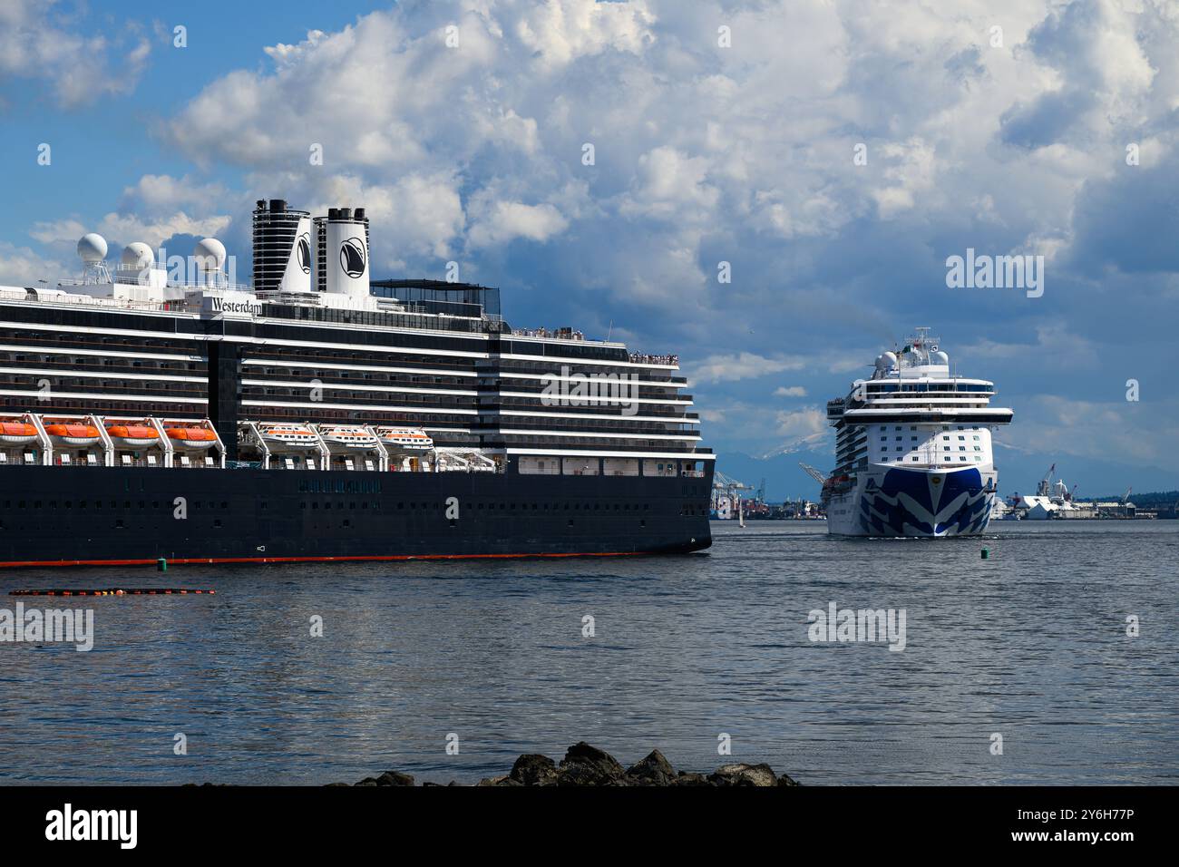 Seattle - 18. August 2024; Carnival Corporation Boats Holland America Line Westerdam und Pricess Cruises Majestic Princess Stockfoto