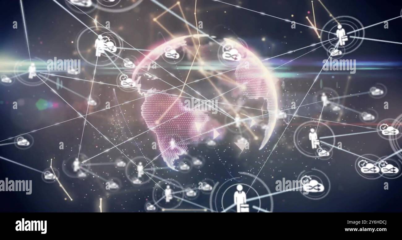 Bild eines Netzwerks von Verbindungen mit Symbolen auf der ganzen Welt Stockfoto