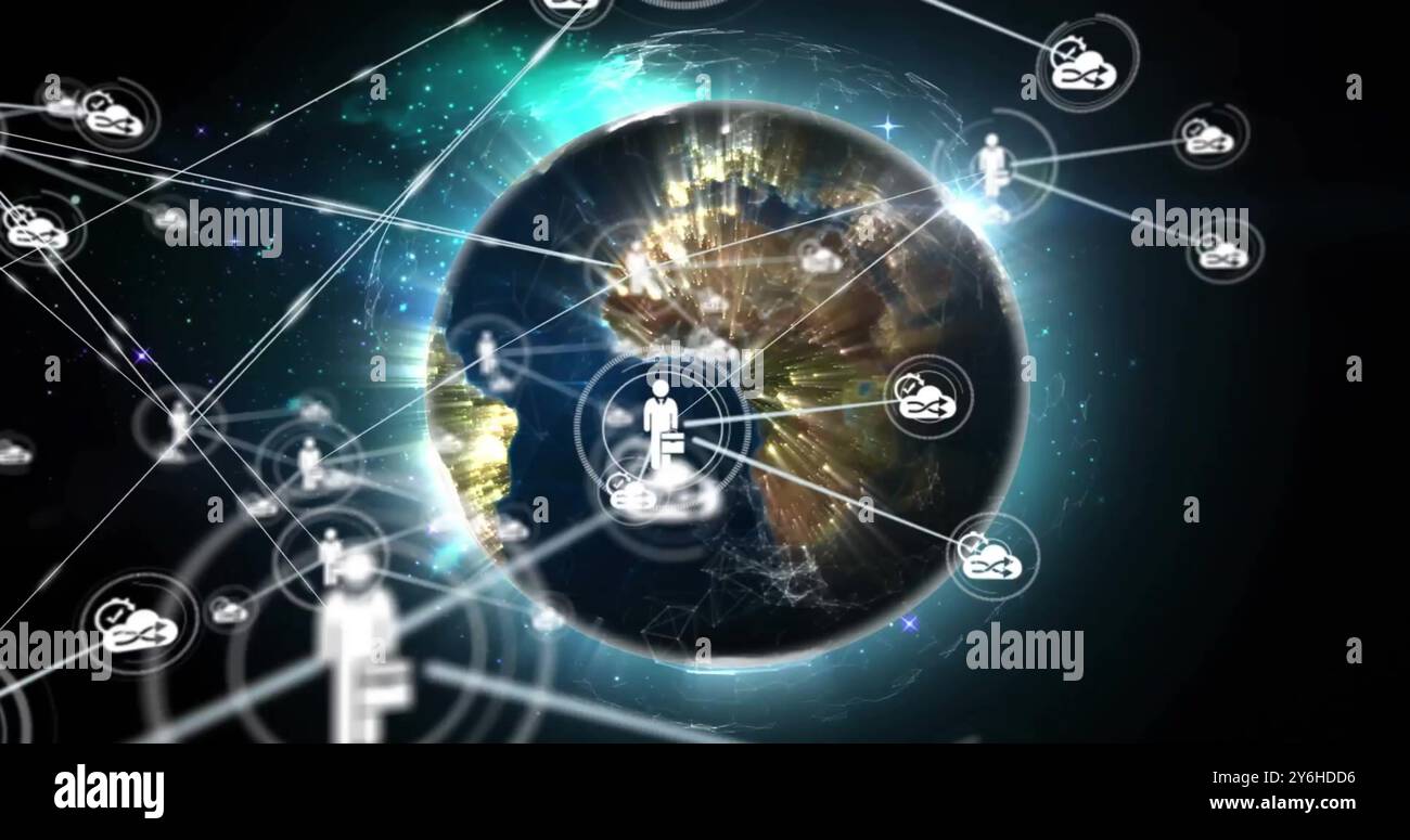 Bild eines Netzwerks von Verbindungen mit Symbolen auf der ganzen Welt Stockfoto