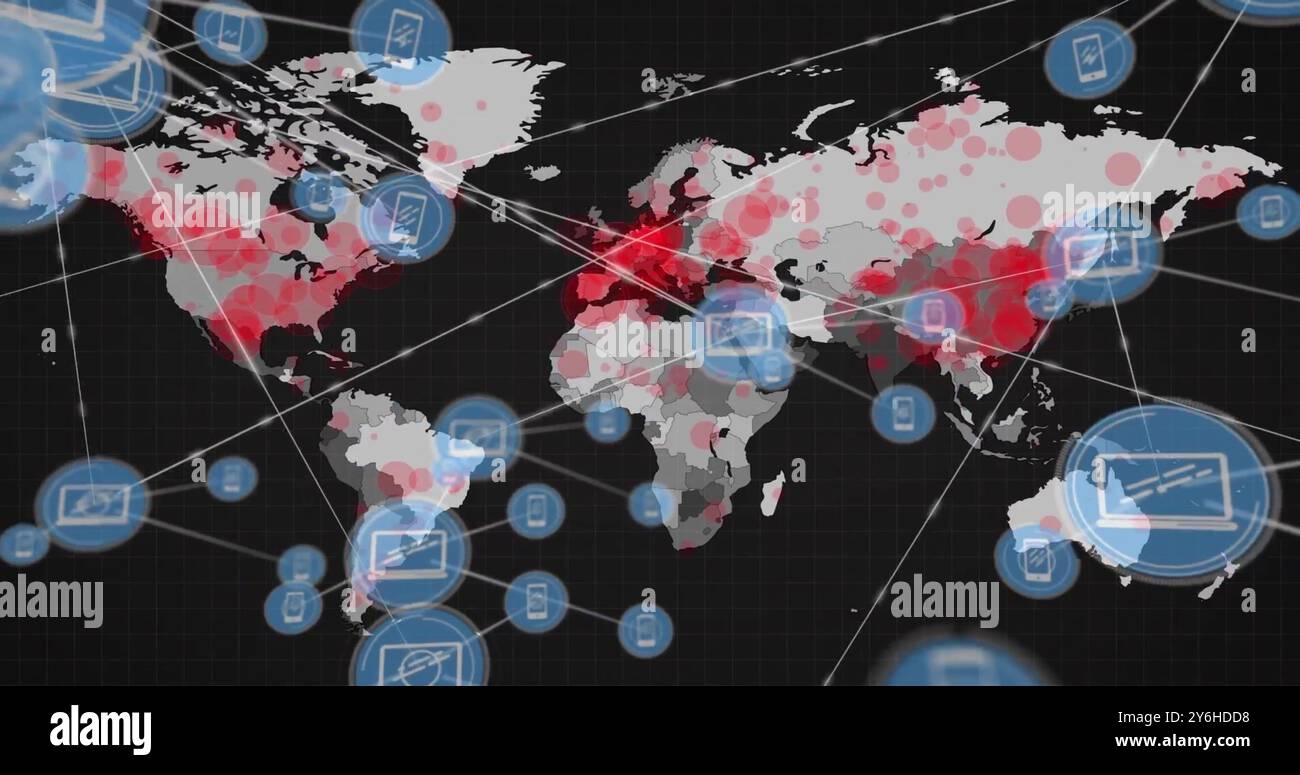 Bild des Netzes von Verbindungen mit Spots auf der Weltkarte Stockfoto