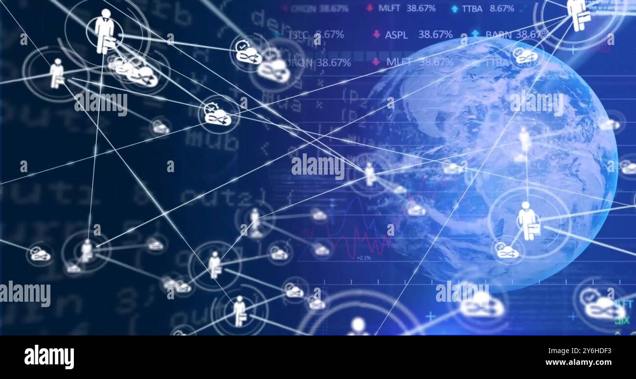 Bild eines Netzwerks von Verbindungen mit Symbolen auf der ganzen Welt Stockfoto