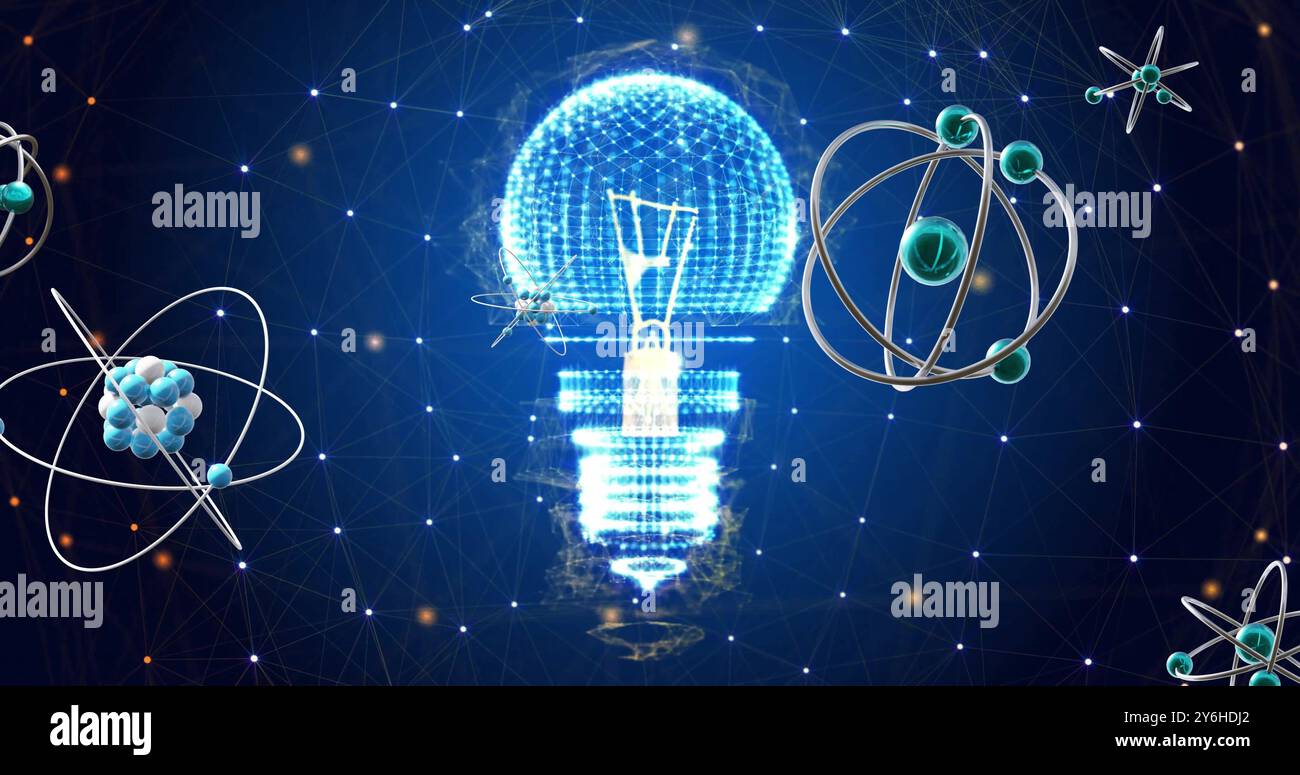 Bild von atomaren Strukturen, die sich über Glühbirne und Netzwerke auf dunklem Hintergrund bewegen Stockfoto