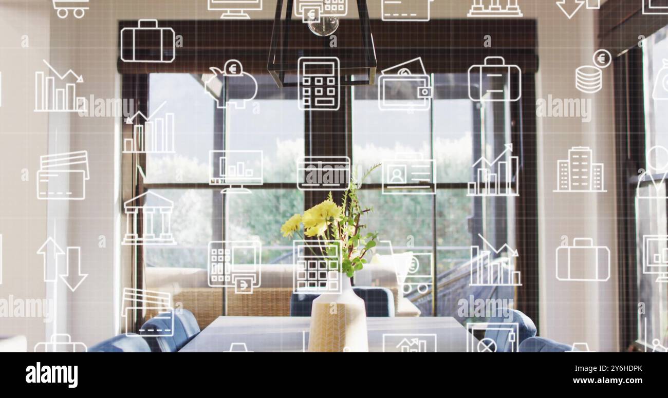 Geschäfts- und Finanzsymbole werden über einem modernen Wohnzimmer mit großen Fenstern dargestellt Stockfoto