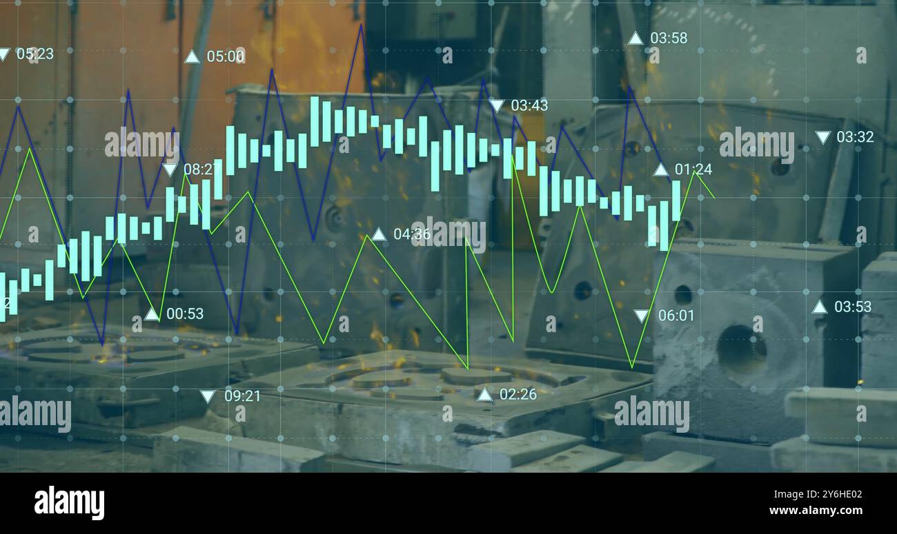 Bild des Finanzdatendiagramms über Industriemaschinen im Werk Stockfoto