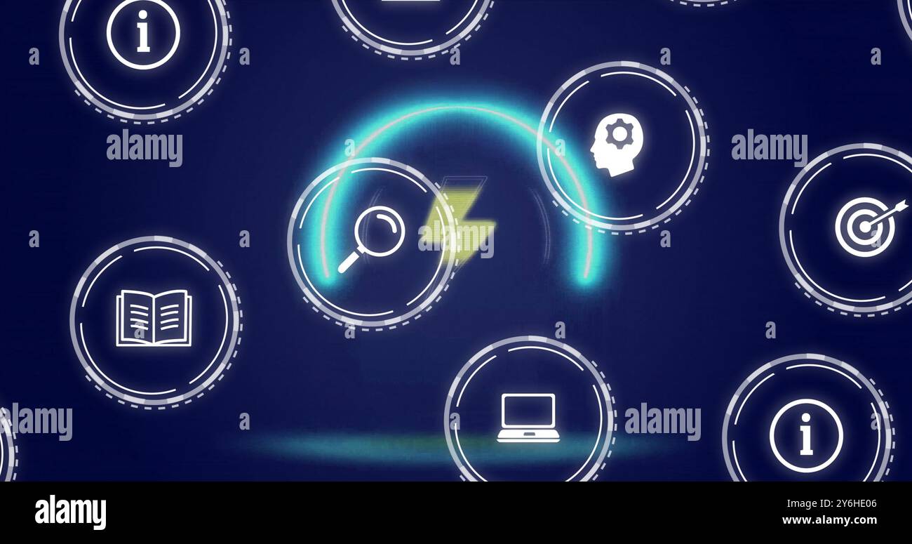 Symbole, die verschiedene Konzepte wie Informationen, Suche und Technologie über Bild darstellen Stockfoto