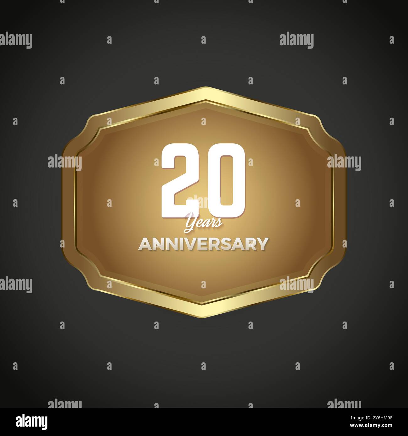 Luxusbanner für 20 Jahre Jubiläumsfeier, goldene Retro Vintage Rahmen Vektor Illustration für Eisen Web Knopf auf dunklem verlaufendem Hintergrund Stock Vektor