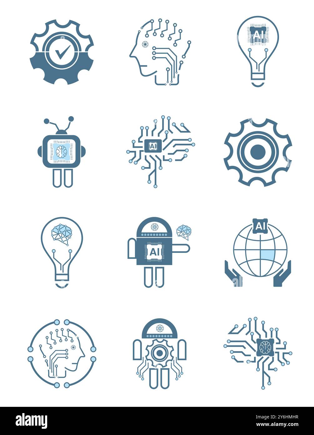 Gruppen von zwölf künstlichen Intelligenzlinien, 12 KI für Konzepte von Technologiesymbolen und 12 kybernetischen Symbolen, Ai, Technologievektor, Illustraten Stock Vektor
