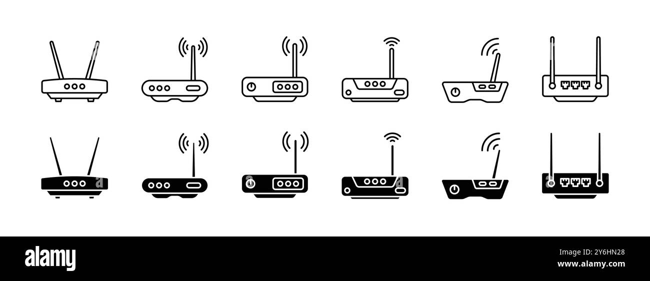 Einfacher WLAN-Router und Access Point-Umriss und Feldsymbolsatz Stock Vektor