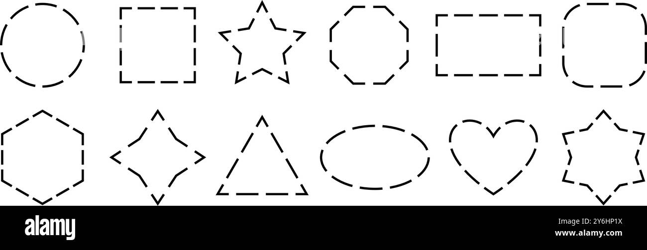 Schwarze gestrichelte Rahmenkollektion. Gestrichelte Kontur, geometrischer Rahmen. Paket mit geometrischer Punktform. Design-Bundle für Ausschnittselemente für Poster, Banner, Flyer, Broschüre, Prospekt, Broschüre. Vektor Stock Vektor