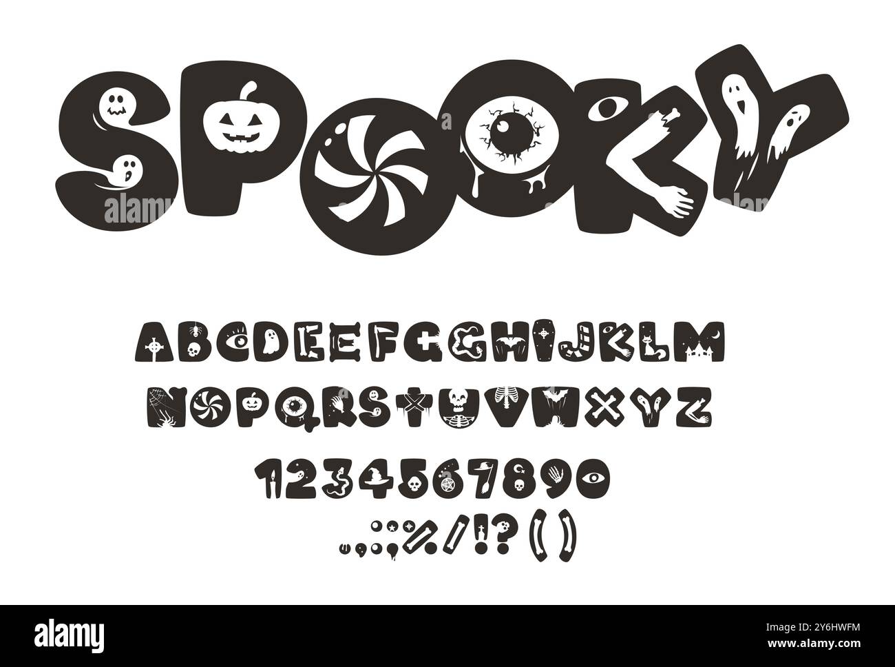 Mystery Type, Halloween Schriftart, gruseliges englisches Alphabet, Horror Schriftart mit gruseligen Monster Vektor Silhouetten. Mystery abc Schriftart mit Kürbissen, Geistern, Zombies und Süßigkeiten Stock Vektor