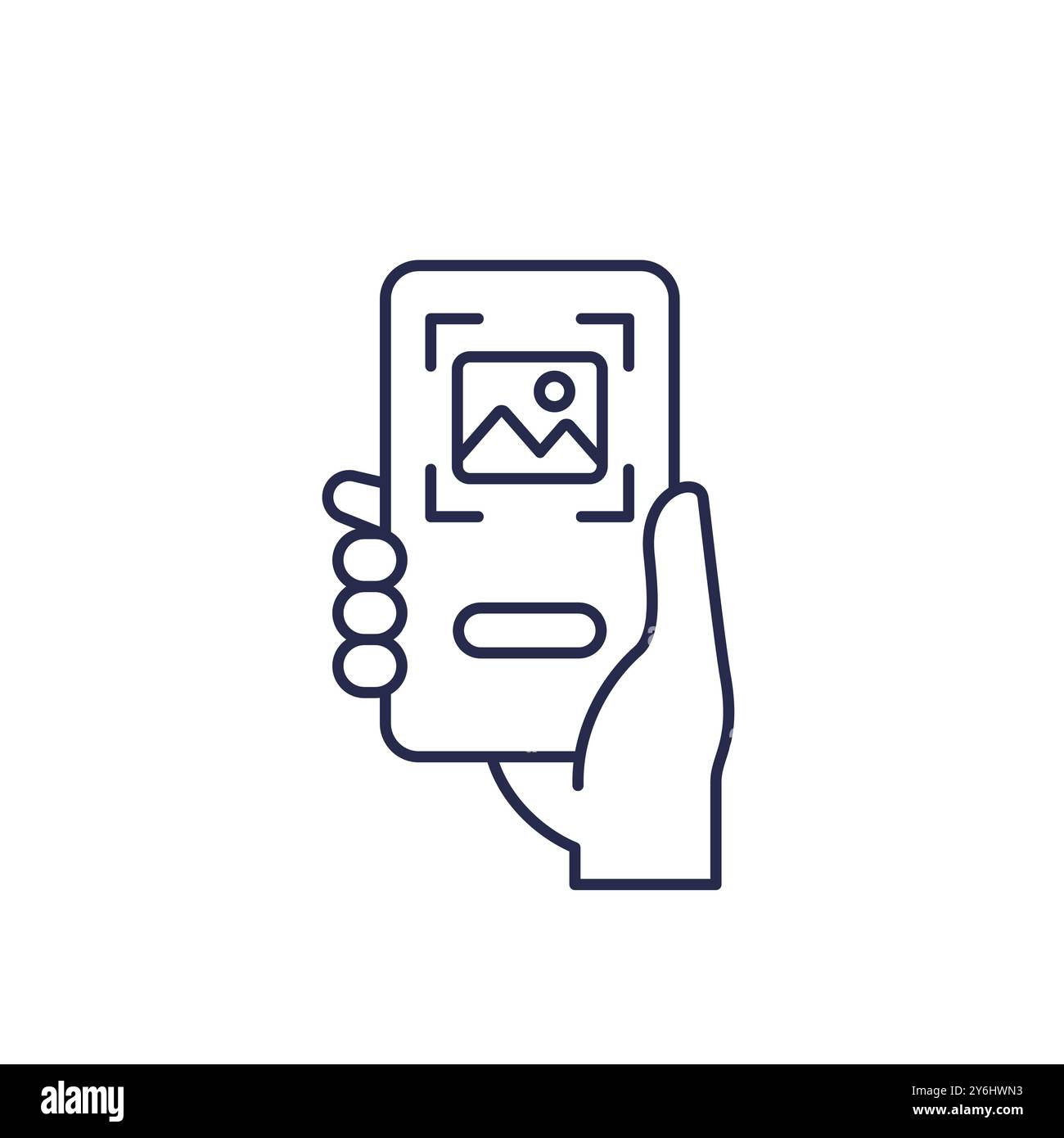 Scannen Sie das Bild oder das Symbol für die Fotolinie mit einem Telefon in der Hand Stock Vektor