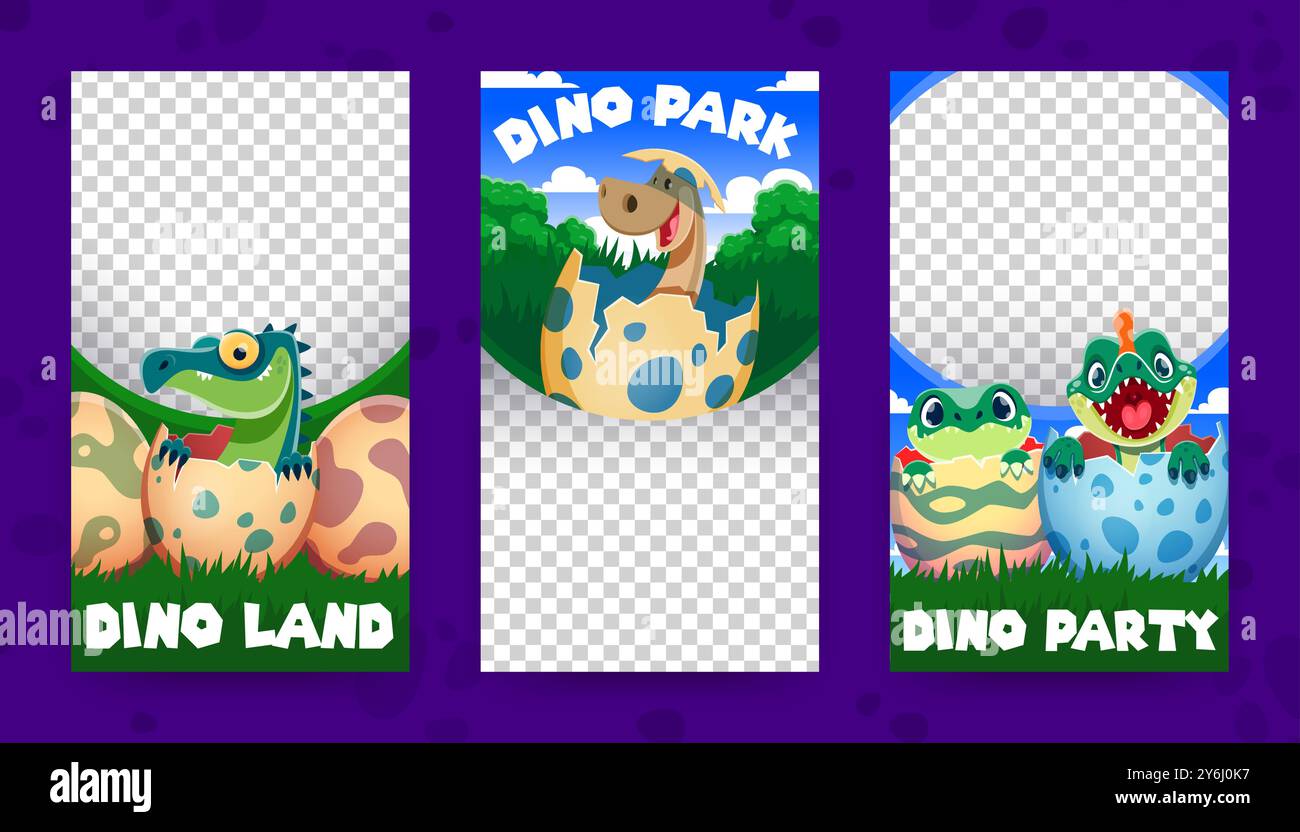 Dino-Kinder von prähistorischen Dinosauriern in Eierschale, Bannervorlagen. Vektorrahmen für Dino-Land-, Park- oder Partyveranstaltungen mit lebhaften Jurassic-Hintergründen und süßen Baby-Dinosaurier-Reptilienarten Stock Vektor